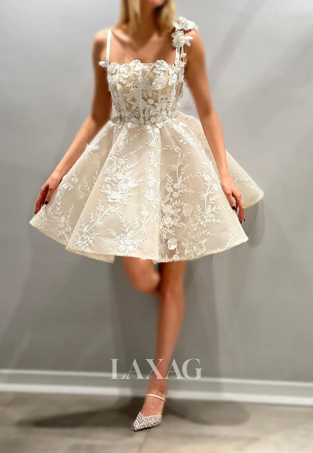23152 - A-Line Spaghetti Straps Floral Embossed Tulle Elegant Party Homecoming Dress