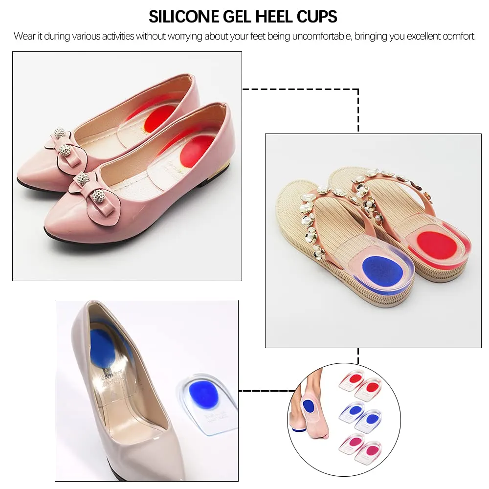3 Pairs Silicone Gel Heel Cups, PUDSIRN Plantar Fasciitis Inserts Pads Gel Heel Cushions for Heel Pain Bone Spurs Pain, Silicone Shoe Inserts Clear for Women Men (3 Colors) (Small) Small