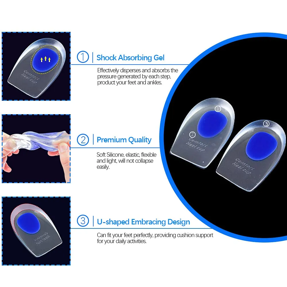 3 Pairs Silicone Gel Heel Cups, PUDSIRN Plantar Fasciitis Inserts Pads Gel Heel Cushions for Heel Pain Bone Spurs Pain, Silicone Shoe Inserts Clear for Women Men (3 Colors) (Small) Small