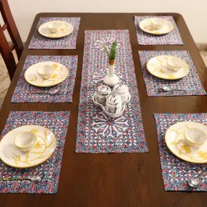 Ajrakh Applique Cut Work Cotton Table Runner with Mats (set of 6)