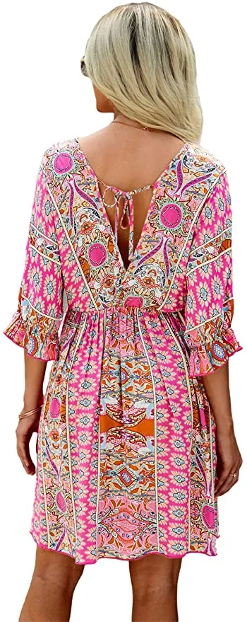 Blue Women's Boho Tribal Print Short Sleeve V Neck Tie Back Summer Shift Dress - Romwe