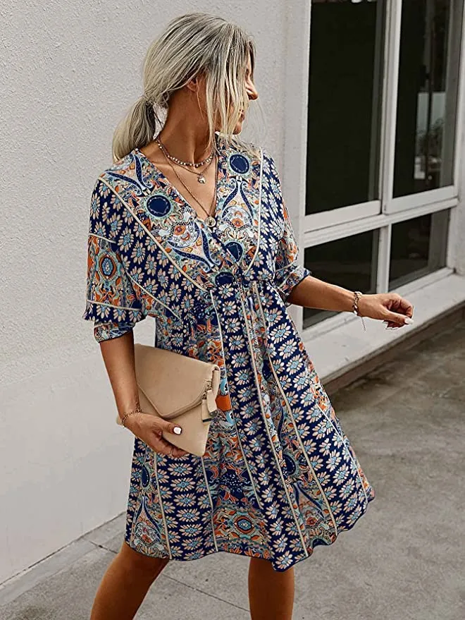 Blue Women's Boho Tribal Print Short Sleeve V Neck Tie Back Summer Shift Dress - Romwe