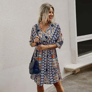 Blue Women's Boho Tribal Print Short Sleeve V Neck Tie Back Summer Shift Dress - Romwe