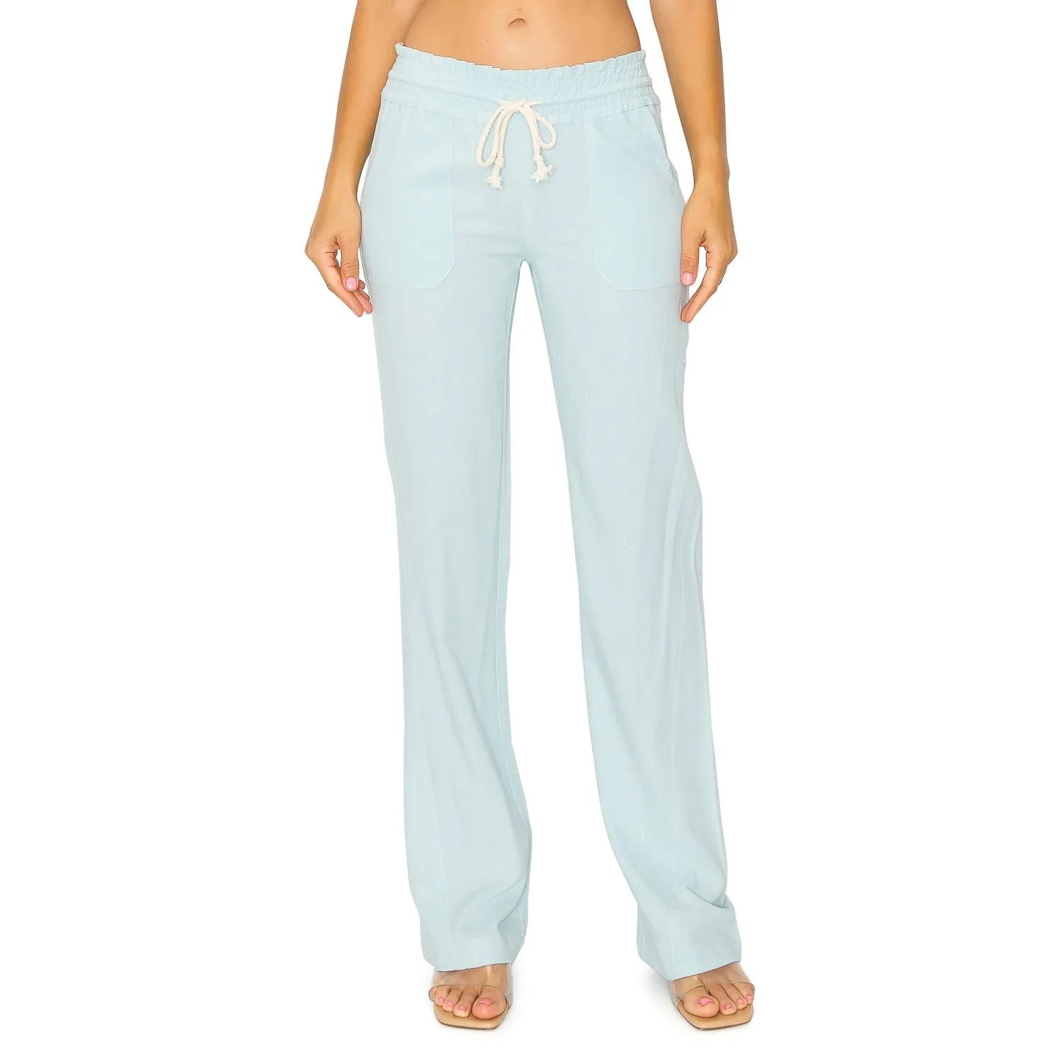 Linen Pants 32" Inseam Drawstring Smocked Waist Beach Pants - Frost Mint