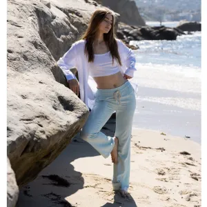 Linen Pants 32" Inseam Drawstring Smocked Waist Beach Pants - Frost Mint