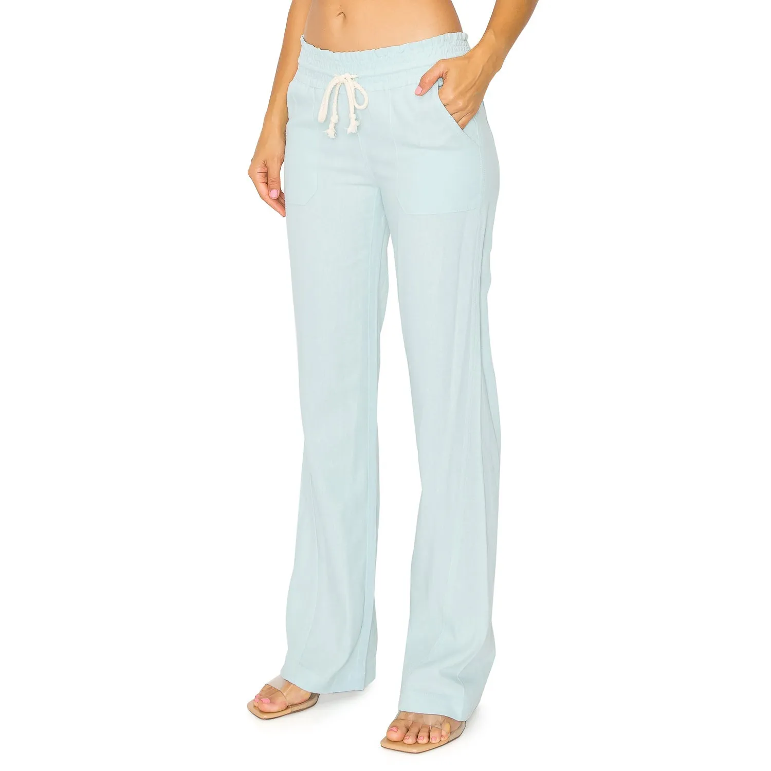 Linen Pants 32" Inseam Drawstring Smocked Waist Beach Pants - Frost Mint