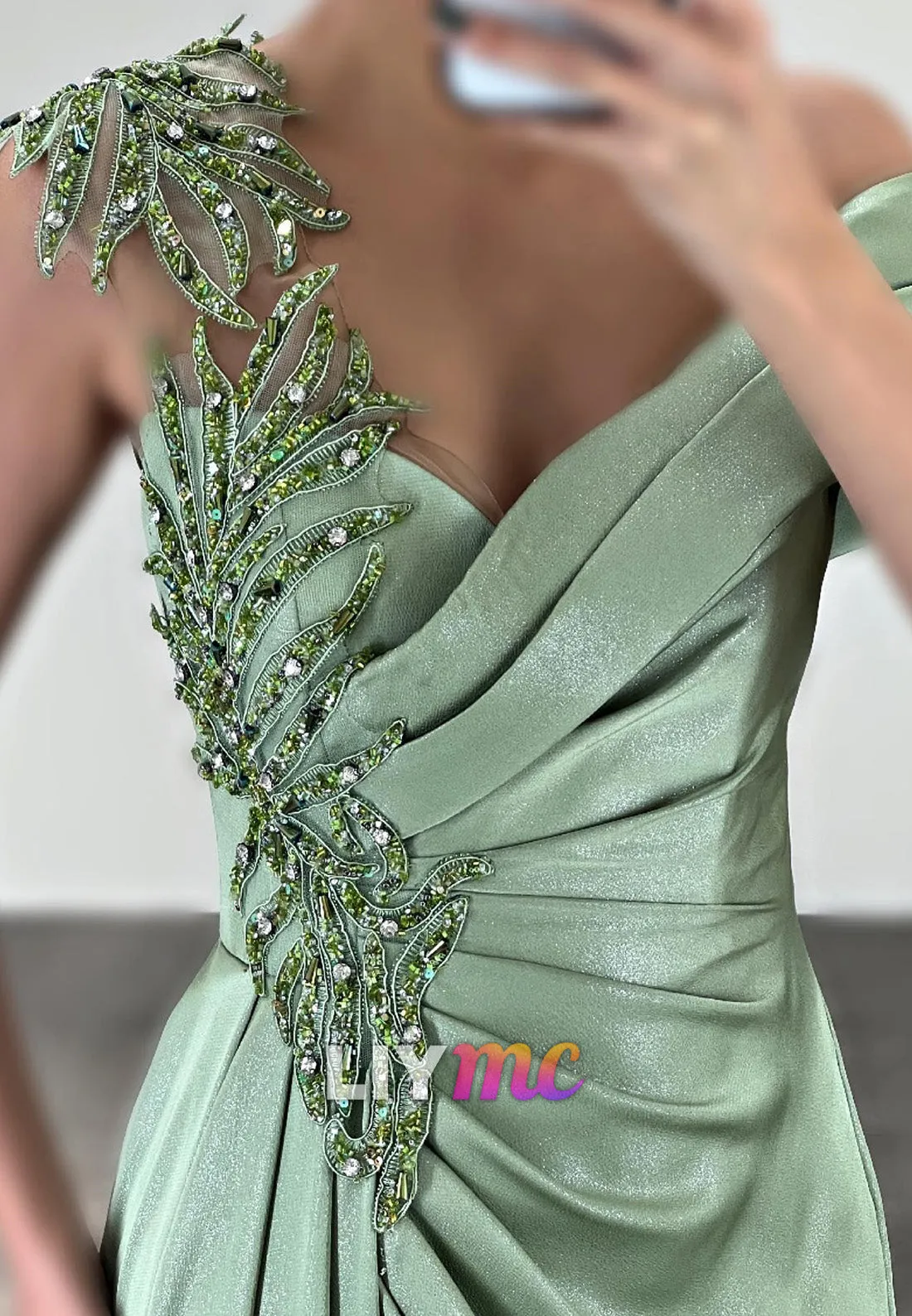 LP2268 - V-Neck Sleeveless Beaded Appliques Pleated Side Slit Sheath Prom Dress