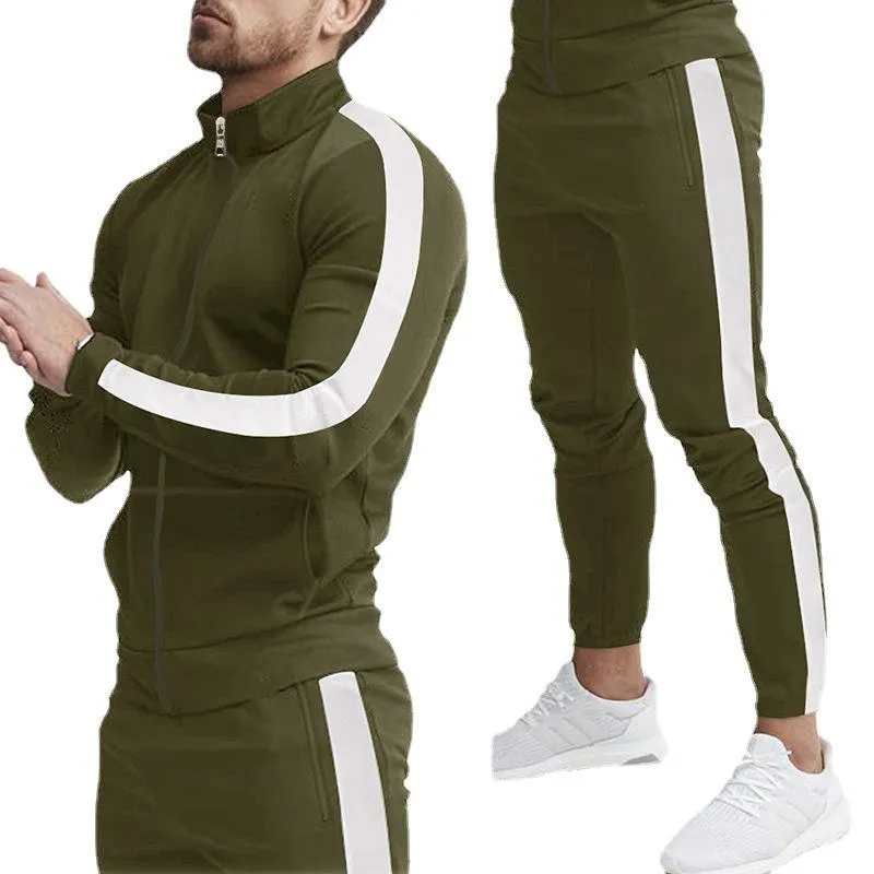 Men's Classic Casual Colorblock Slim Fit Stand Collar Zipper Sports Sweatshirt Loose Sweatpants Set 32460867K