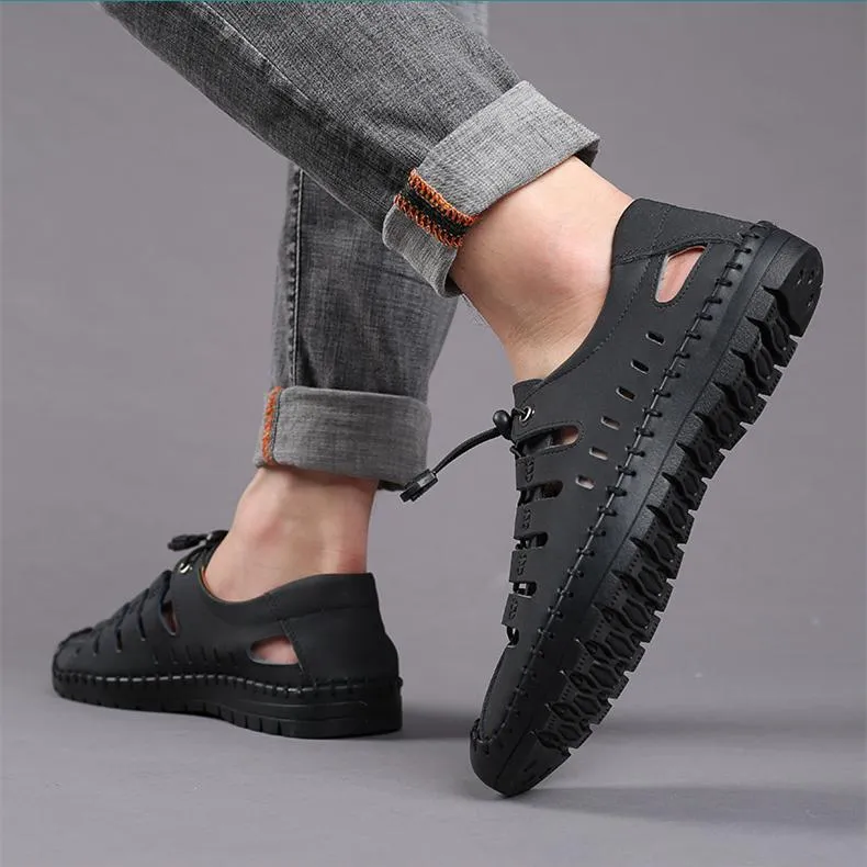 Men's hollow breathable closed toe water sandals elastic front lace sandals