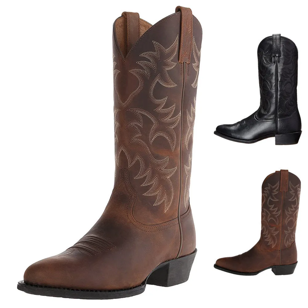 Men's Middle Tube Cowboy Unisex Biker Boots Embroidery Western Boots Shoes