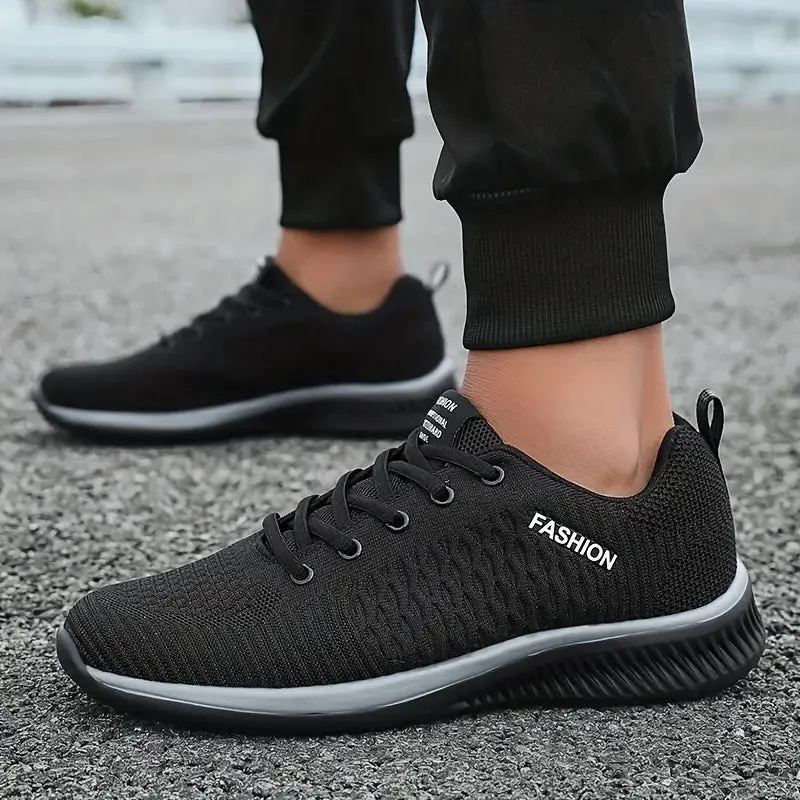 NEW Men's Mesh Lace-up Sneakers - Athletic Shoes - Shock-absorbing And Breathable, Black & Grey, Sz 9, Retails $109 