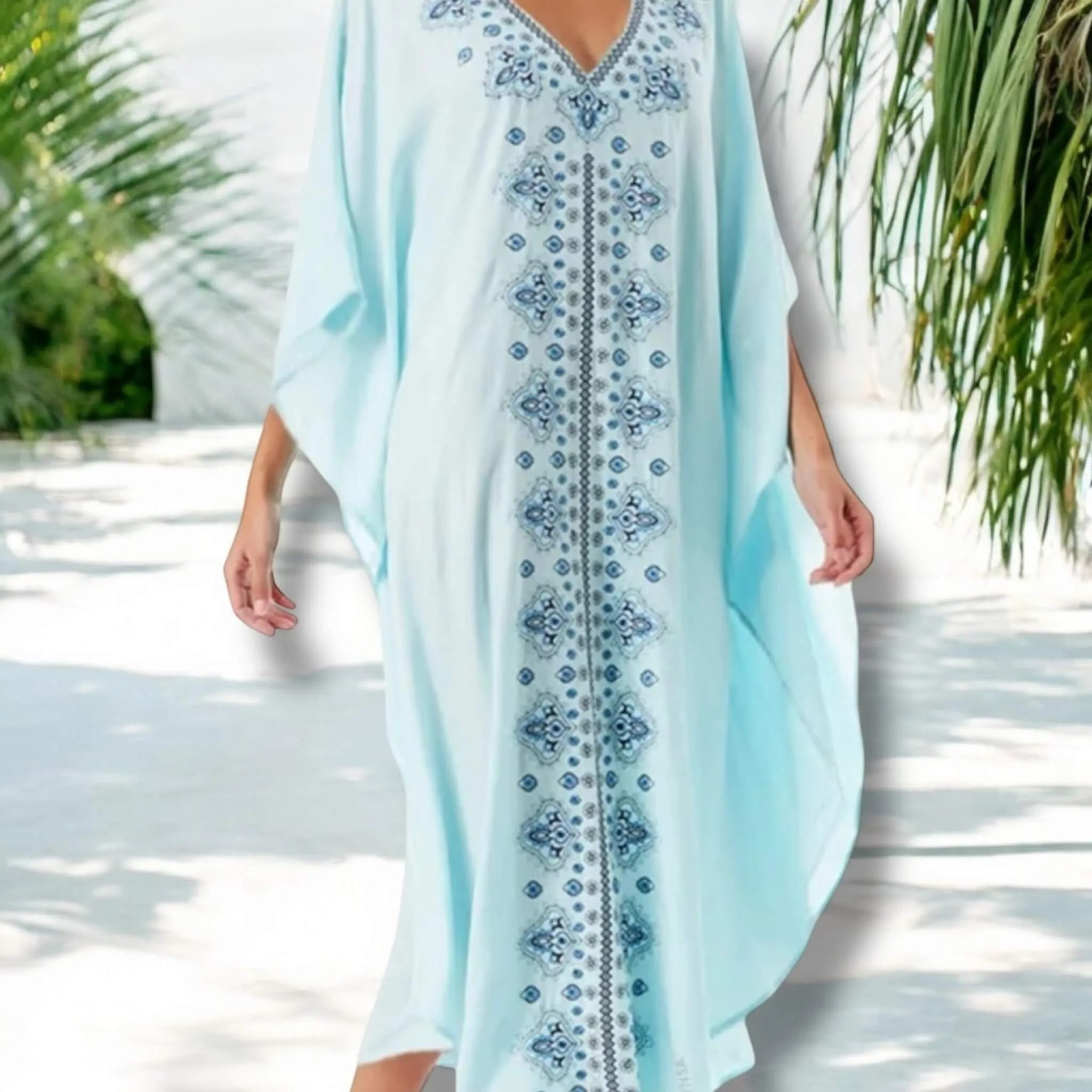 Stunning Blue Embroidery Long Kaftan