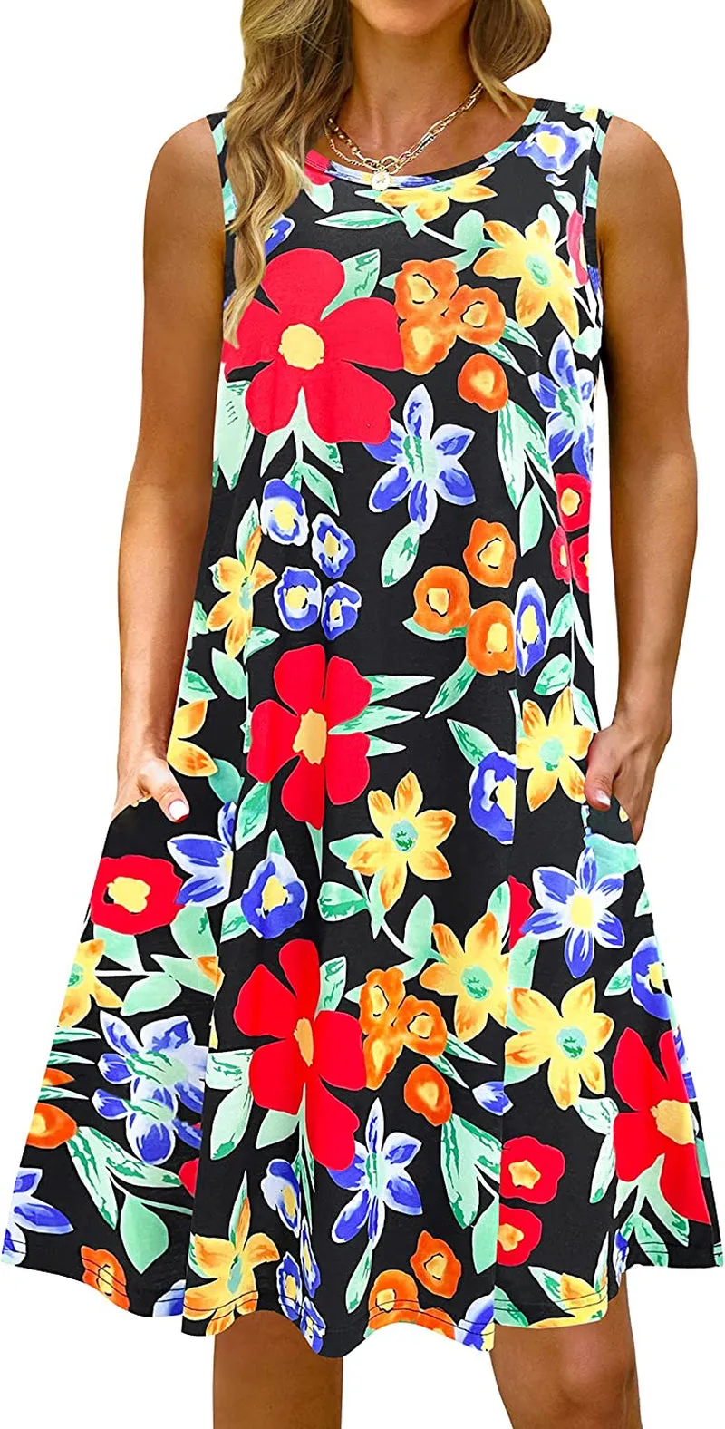 Summer Casual Tshirt Dresses for Women Swing Sun Dress Beach Swimsuit Cover Ups with Pockets