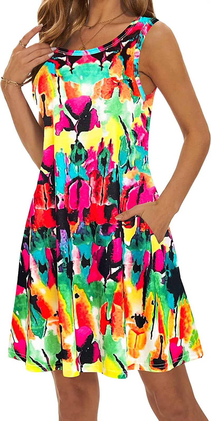 Summer Casual Tshirt Dresses for Women Swing Sun Dress Beach Swimsuit Cover Ups with Pockets