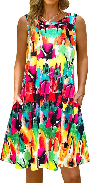 Summer Casual Tshirt Dresses for Women Swing Sun Dress Beach Swimsuit Cover Ups with Pockets