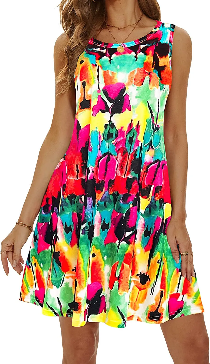 Summer Casual Tshirt Dresses for Women Swing Sun Dress Beach Swimsuit Cover Ups with Pockets