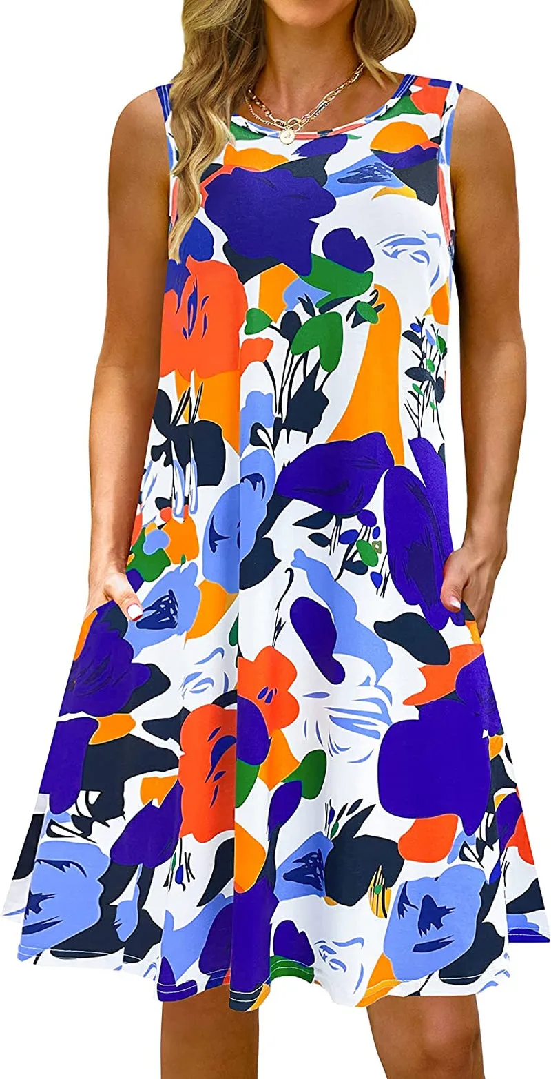 Summer Casual Tshirt Dresses for Women Swing Sun Dress Beach Swimsuit Cover Ups with Pockets