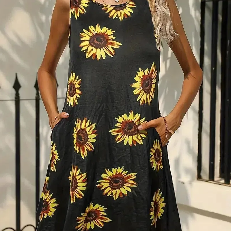 Summer Floral Print Sleeveless Vest Dress for Women