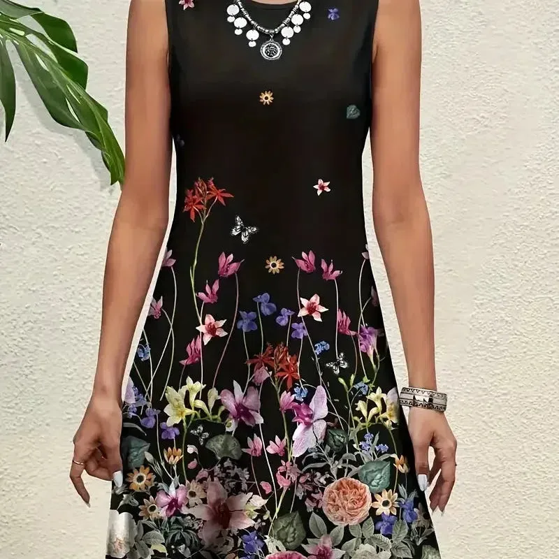 Summer Floral Print Sleeveless Vest Dress for Women