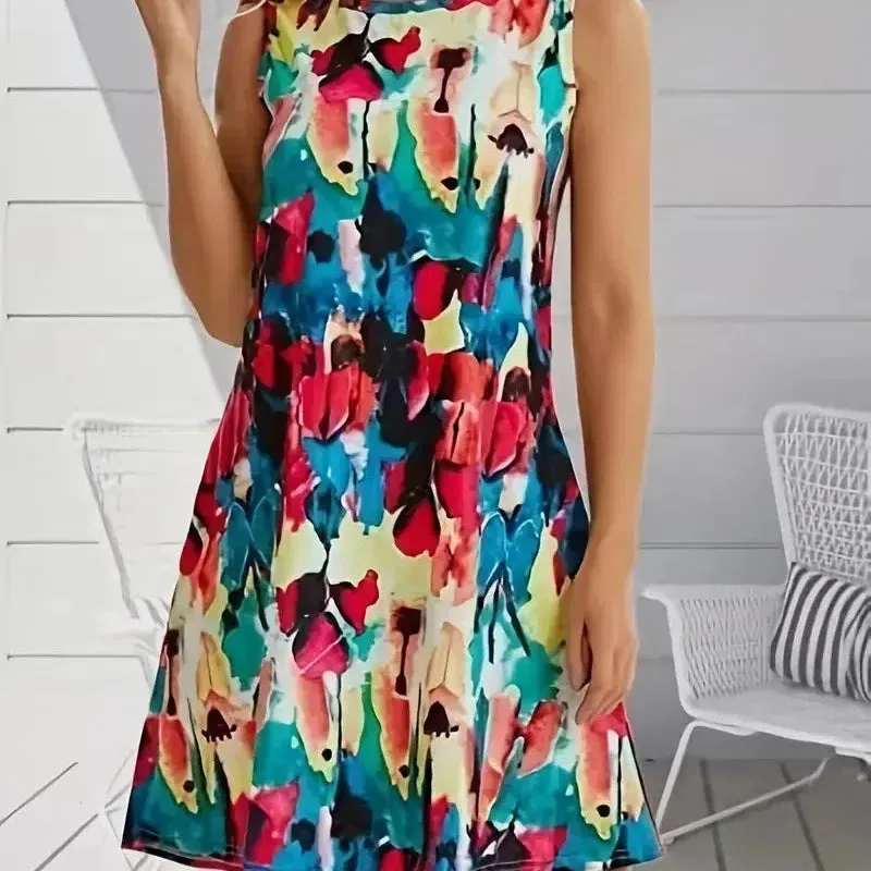 Summer Floral Print Sleeveless Vest Dress for Women