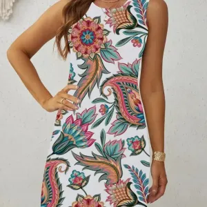 Summer Floral Print Sleeveless Vest Dress for Women