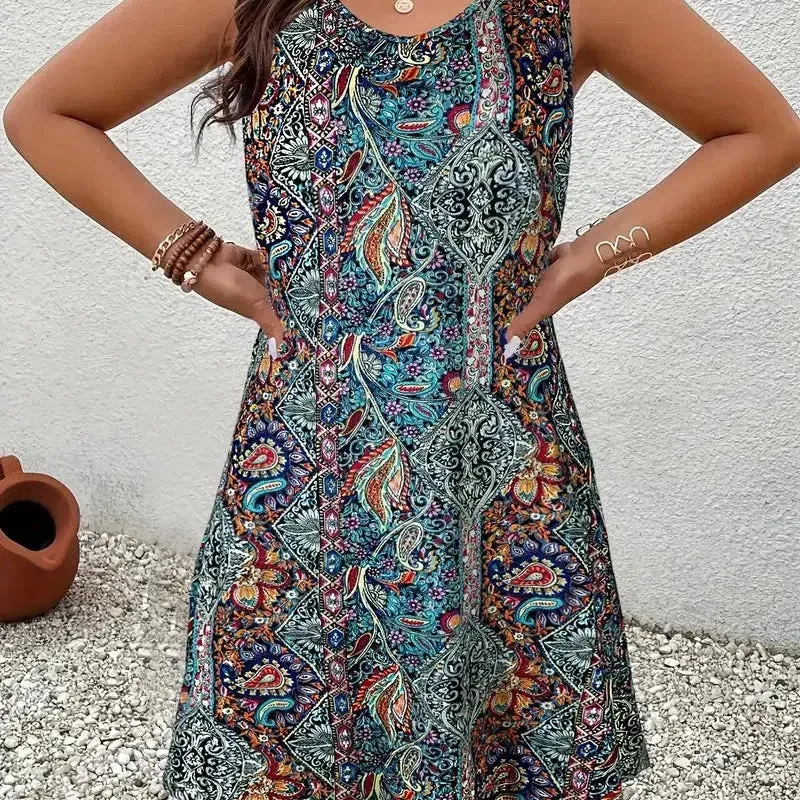 Summer Floral Print Sleeveless Vest Dress for Women
