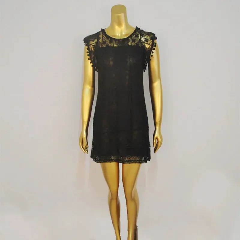 Summer White Women Dress Casual Sleeveless Beach Short Dress Female Sexy Tassel Mini Lace Dress