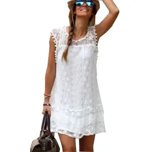 Summer White Women Dress Casual Sleeveless Beach Short Dress Female Sexy Tassel Mini Lace Dress