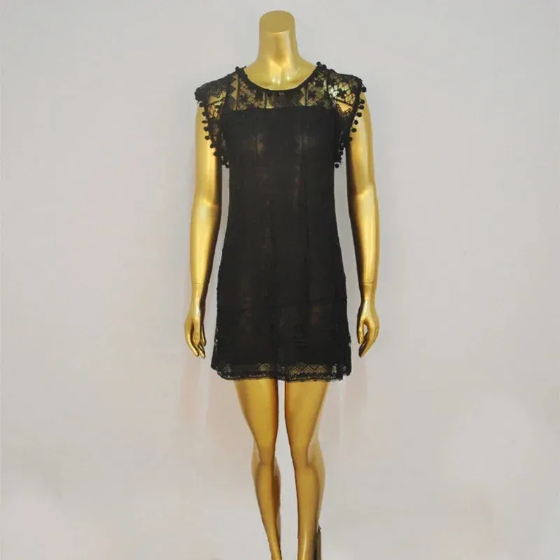Summer White Women Dress Casual Sleeveless Beach Short Dress Female Sexy Tassel Mini Lace Dress
