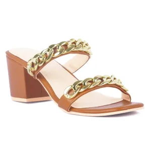 Tan Block Heel Slide Sandals