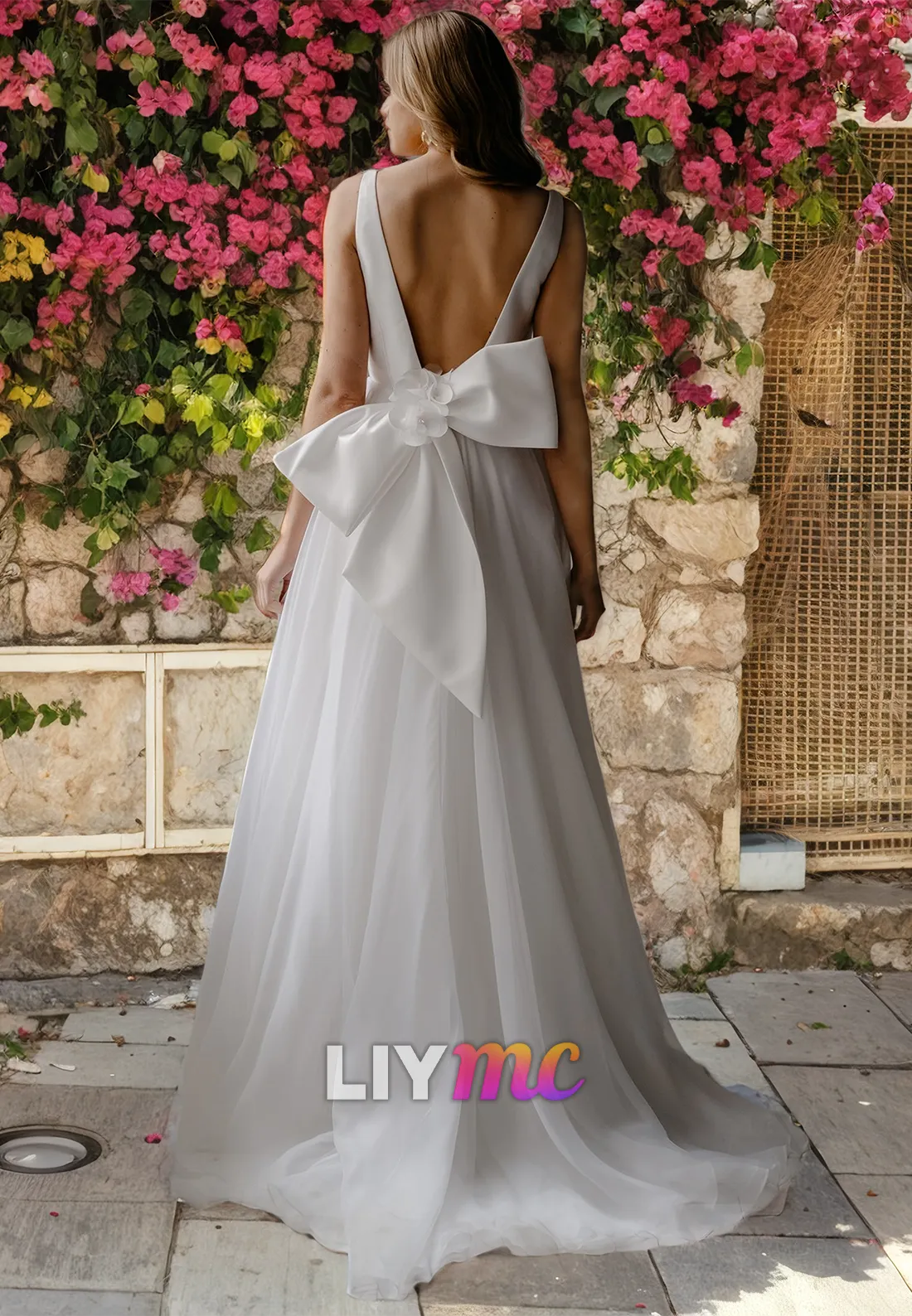 V-Neck Sleeveless A-Line Open Back Wedding Dress