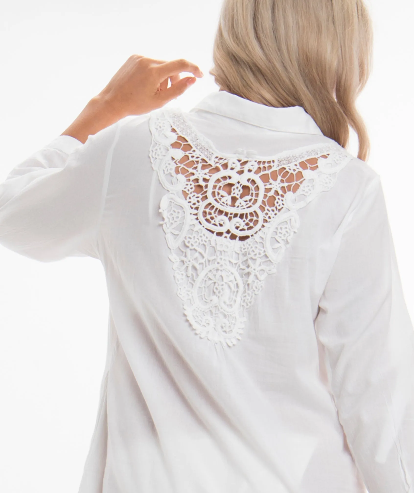 White Self Print Cotton Beach Tunic with Lace Trim