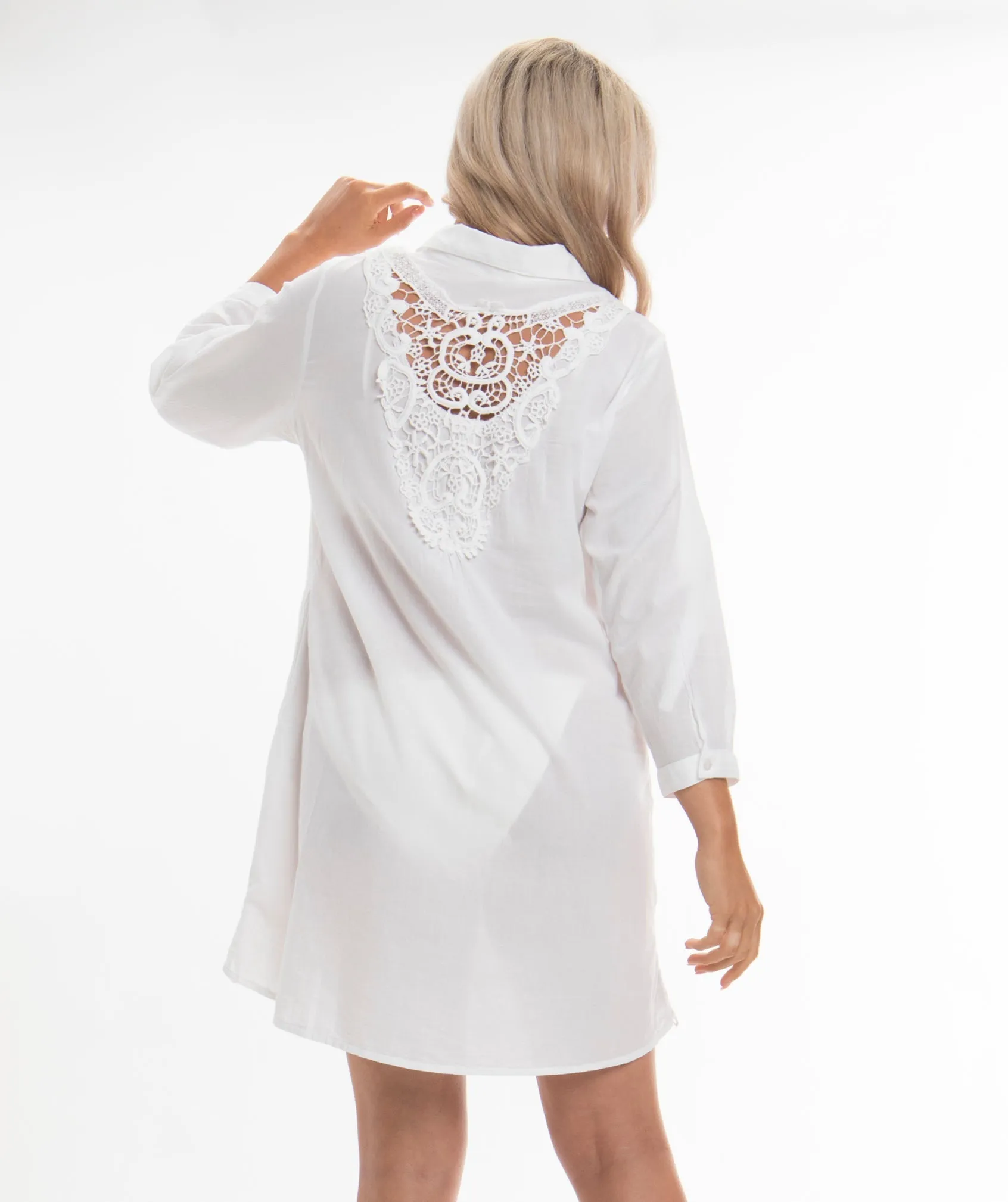 White Self Print Cotton Beach Tunic with Lace Trim